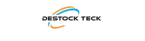 Logo de Destock Teck avec une typographie noire et un arc dynamique orange et bleu.