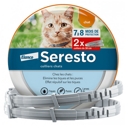 Boîte de 2 colliers Seresto anti-puces et tiques pour chat, protection 7 à 8 mois, élimine tiques, puces et larves, avec image de chat sur l'emballage.