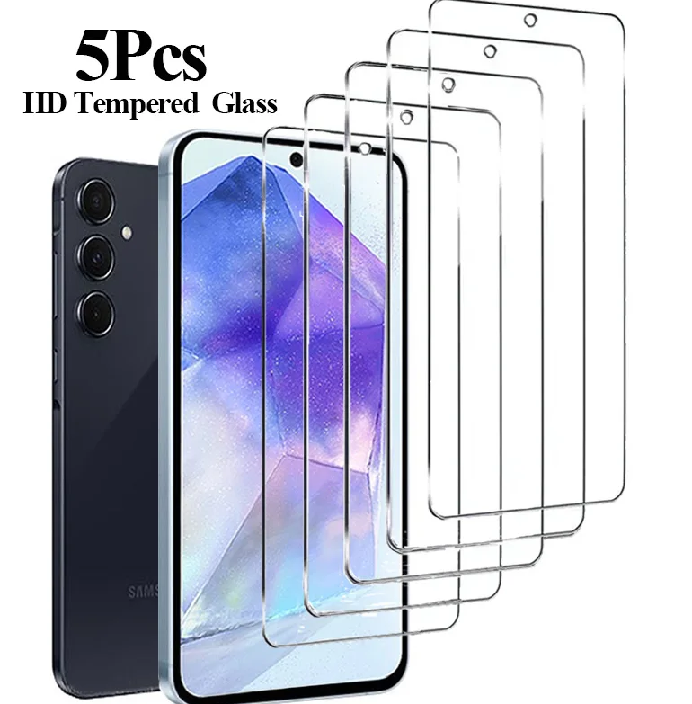Image de cinq protections d'écran en verre trempé HD pour smartphones Samsung, avec un téléphone Samsung affiché en arrière-plan. Accessoires compatibles avec les modèles S23, S25, S24 et S21 pour une protection optimale de l'écran.